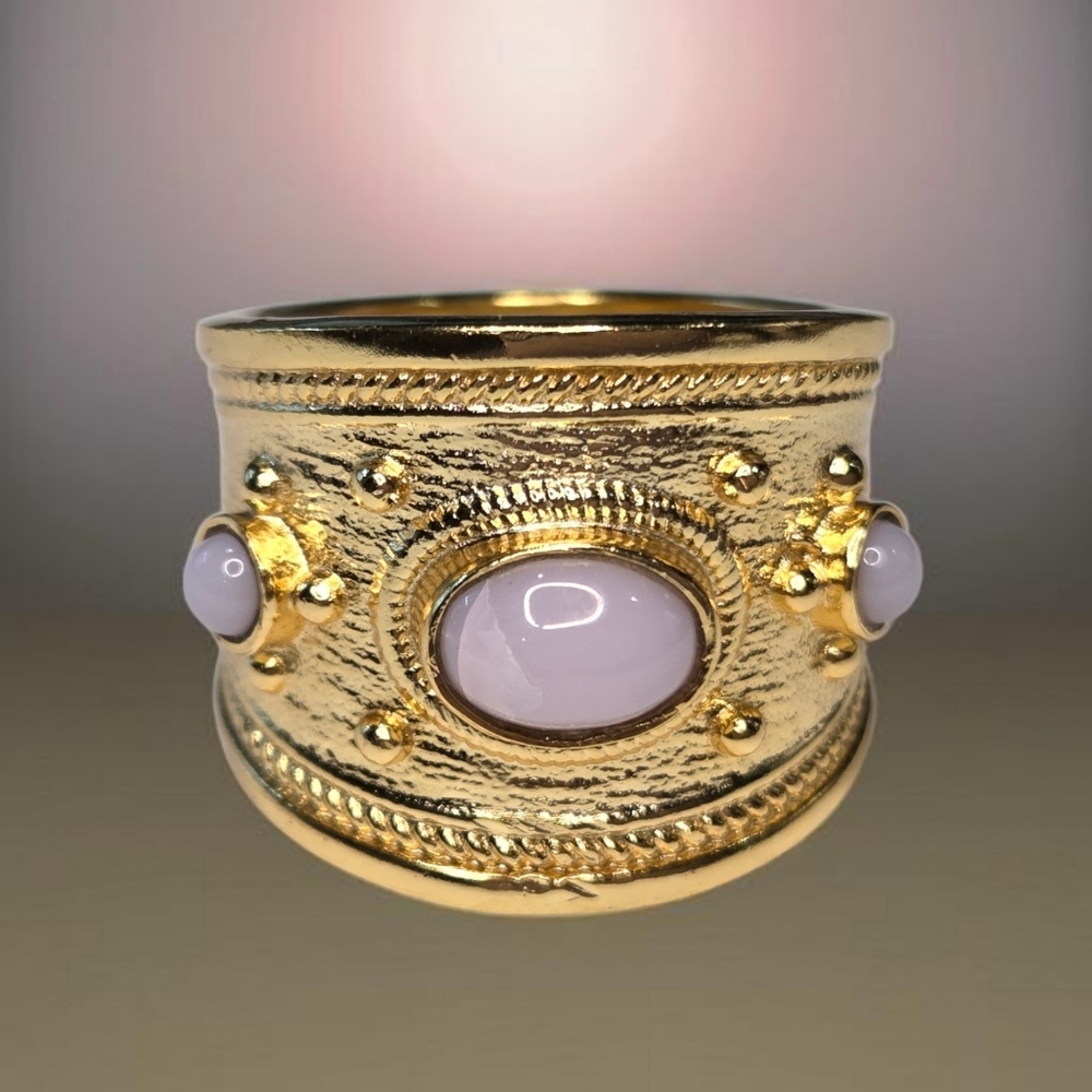 18k Gold Plated Genuine Pink Opal  Byzantine Wide Band Ring